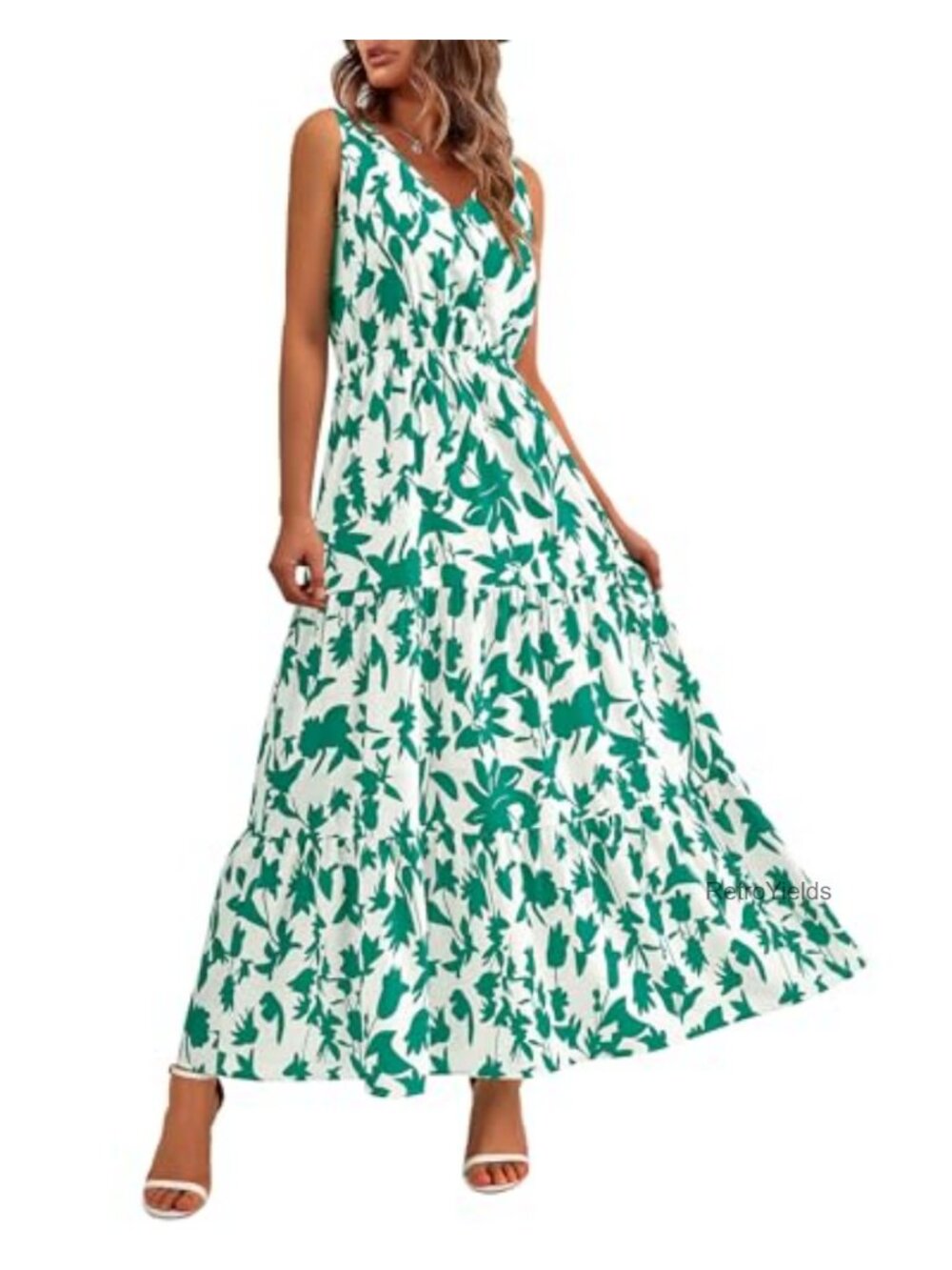 Sleeveless Floral Maxi Dress V Neck High Waist Tiered Summer Casual